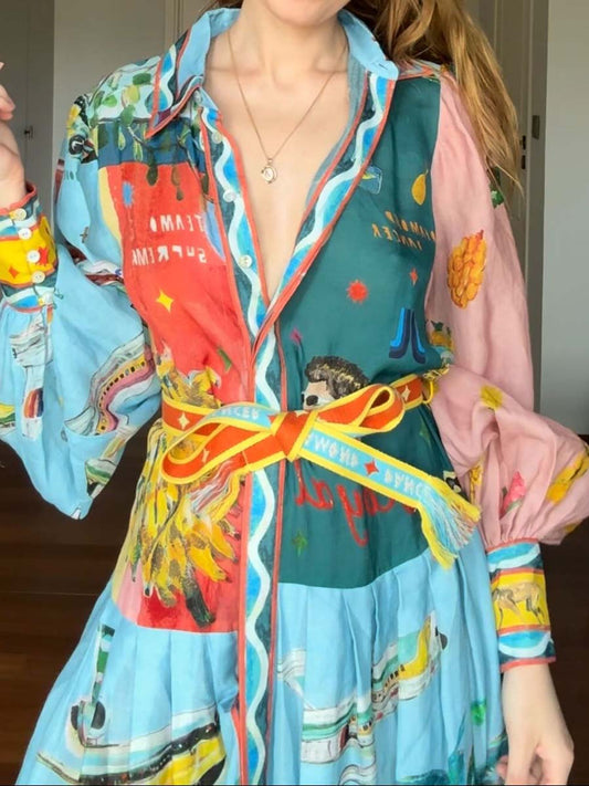 Printed Lantern Sleeve Long Sleeve Dress