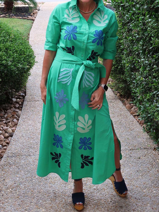 Printed Button Up Belted Dress