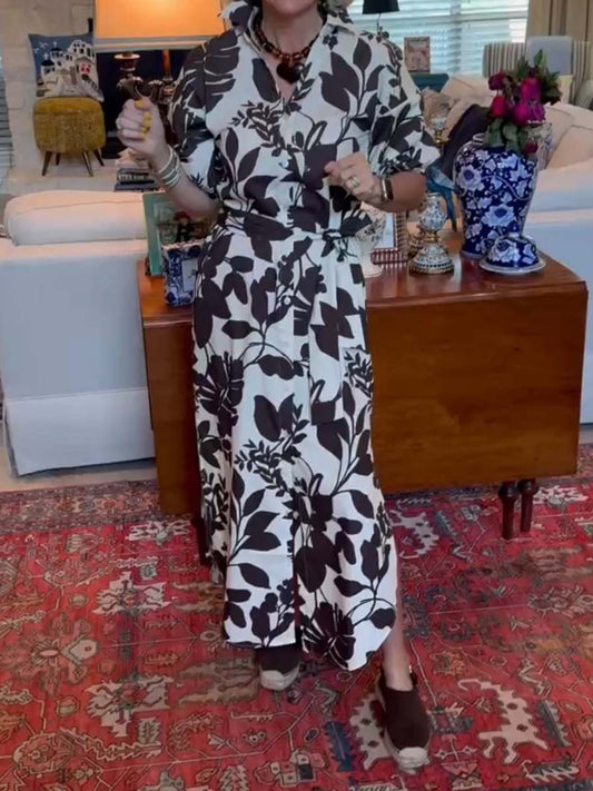 V Neck Slit Hem Printed Maxi Dress