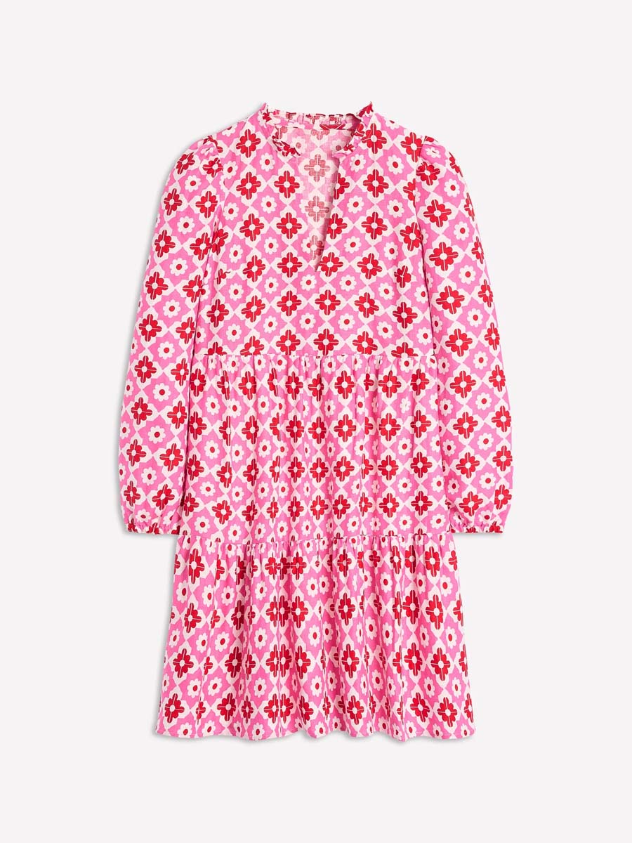 Split Neck Printed Long Sleeve Dress
