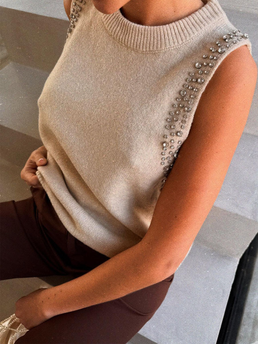 Fashion Round Neck Knitted Beaded Vest