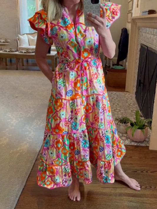 Ruffled Sleeve V Neck Printed Maxi Dress