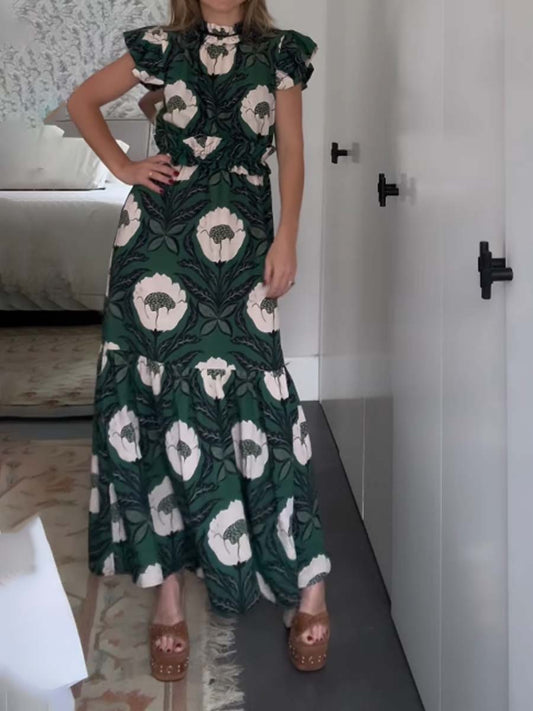 Printed Ruffled Short Sleeve Dress