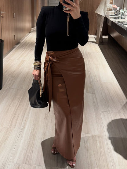 Side Drape Waist Tie Accent PU Skirts