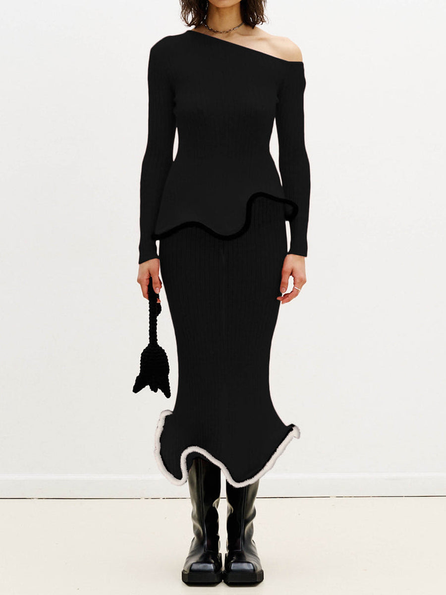 Sexy Irregular Hem Knit Sweater Two Pieces Dress