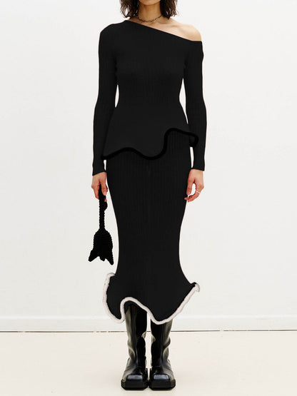 Sexy Irregular Hem Knit Sweater Two Pieces Dress