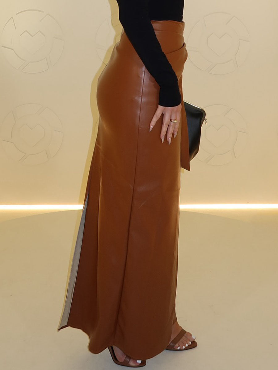 Side Drape Waist Tie Accent PU Skirts