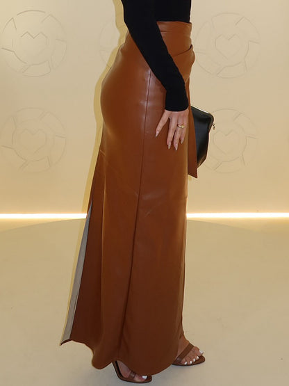 Side Drape Waist Tie Accent PU Skirts