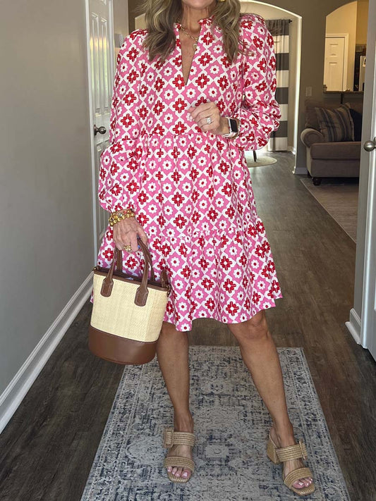 Split Neck Printed Long Sleeve Dress