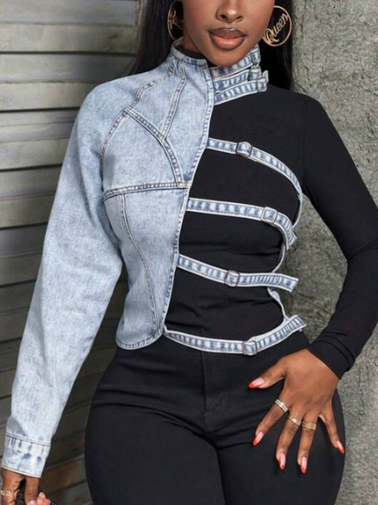 Women Colorblock Patchwork Denim Blouse