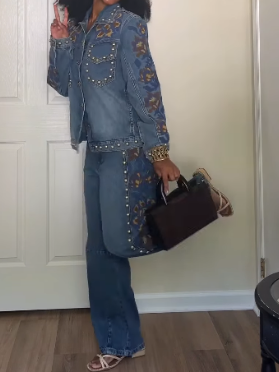 Studs Metal Denim Embroidered Suit