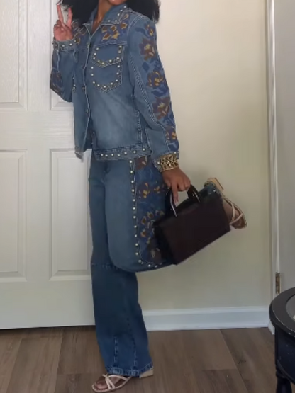 Studs Metal Denim Embroidered Suit