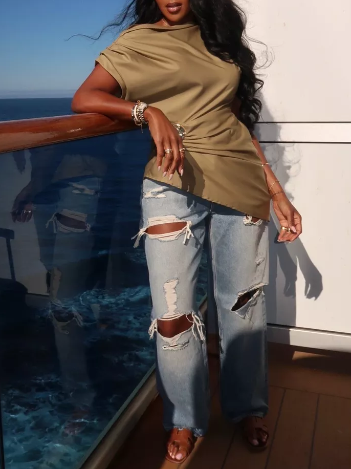 Fashion Shoulder Pleated Solid Color Top