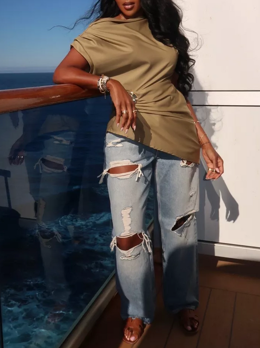 Fashion Shoulder Pleated Solid Color Top