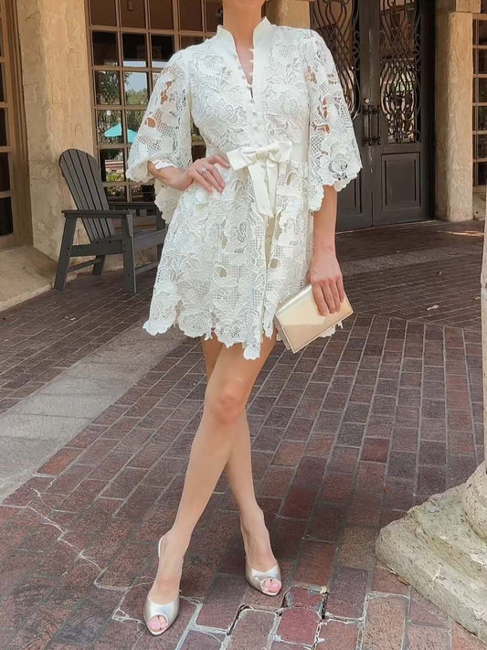 Elegant Lace Bow Mini Dress