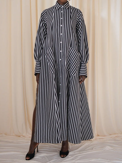 Maxi Flared Shirt Dress In Black&White Diamond Stripes