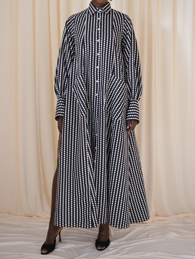 Maxi Flared Shirt Dress In Black&White Diamond Stripes