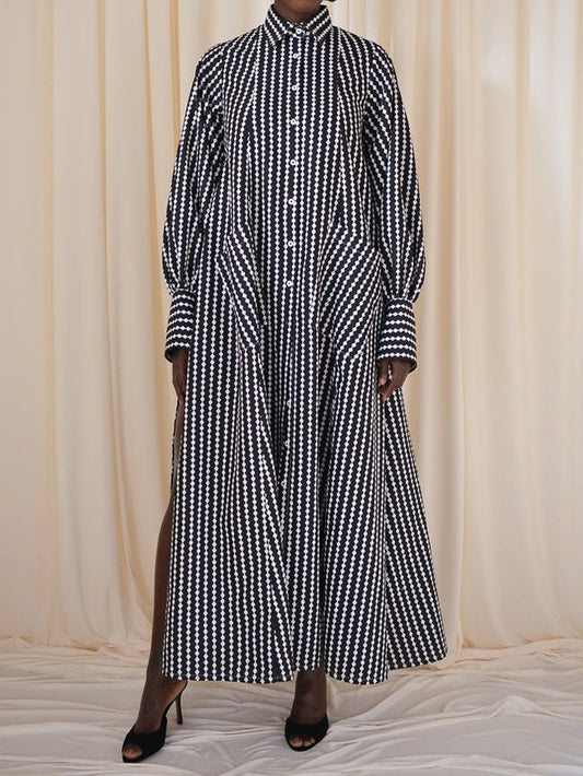 Maxi Flared Shirt Dress In Black&White Diamond Stripes