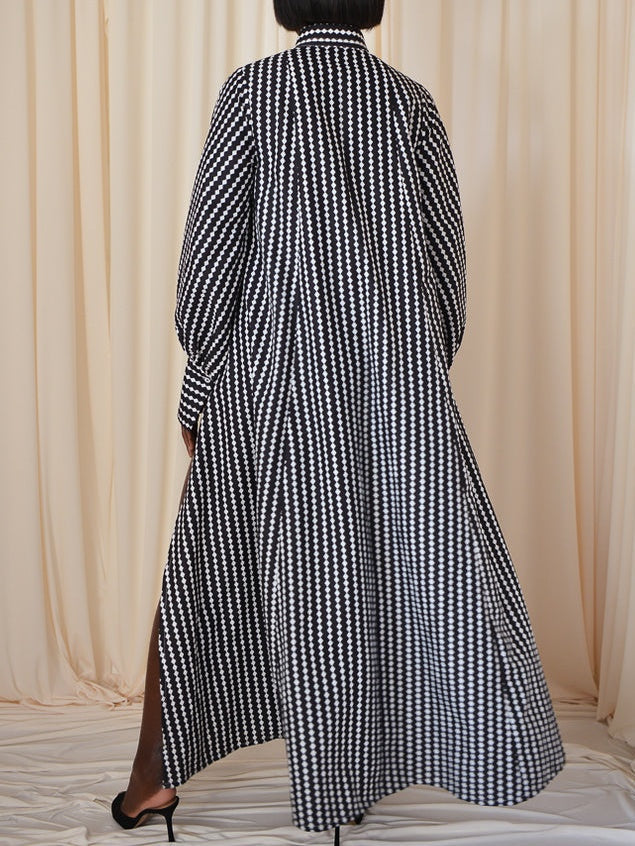 Maxi Flared Shirt Dress In Black&White Diamond Stripes