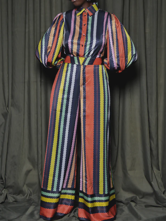 Multicolor Diamond Vertical Stripe Backless Pants Suit