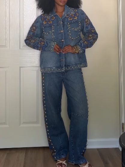 Studs Metal Denim Embroidered Suit