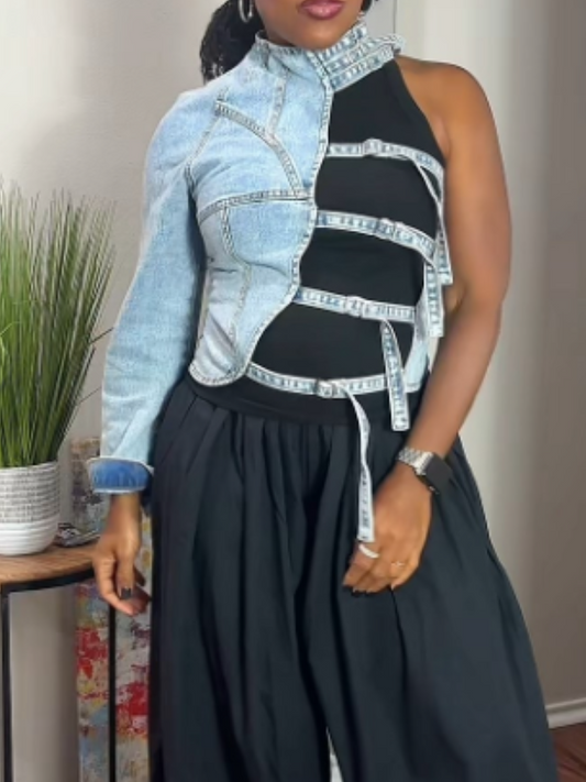 Women Colorblock Patchwork Denim Blouse