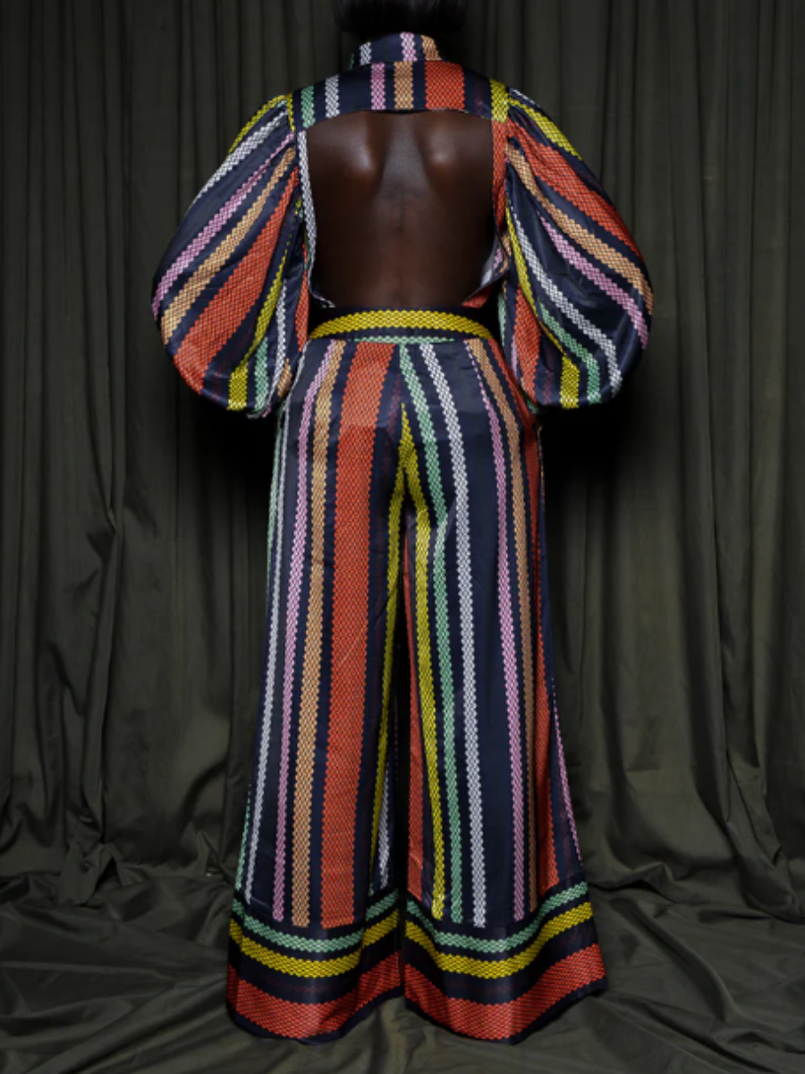 Multicolor Diamond Vertical Stripe Backless Pants Suit